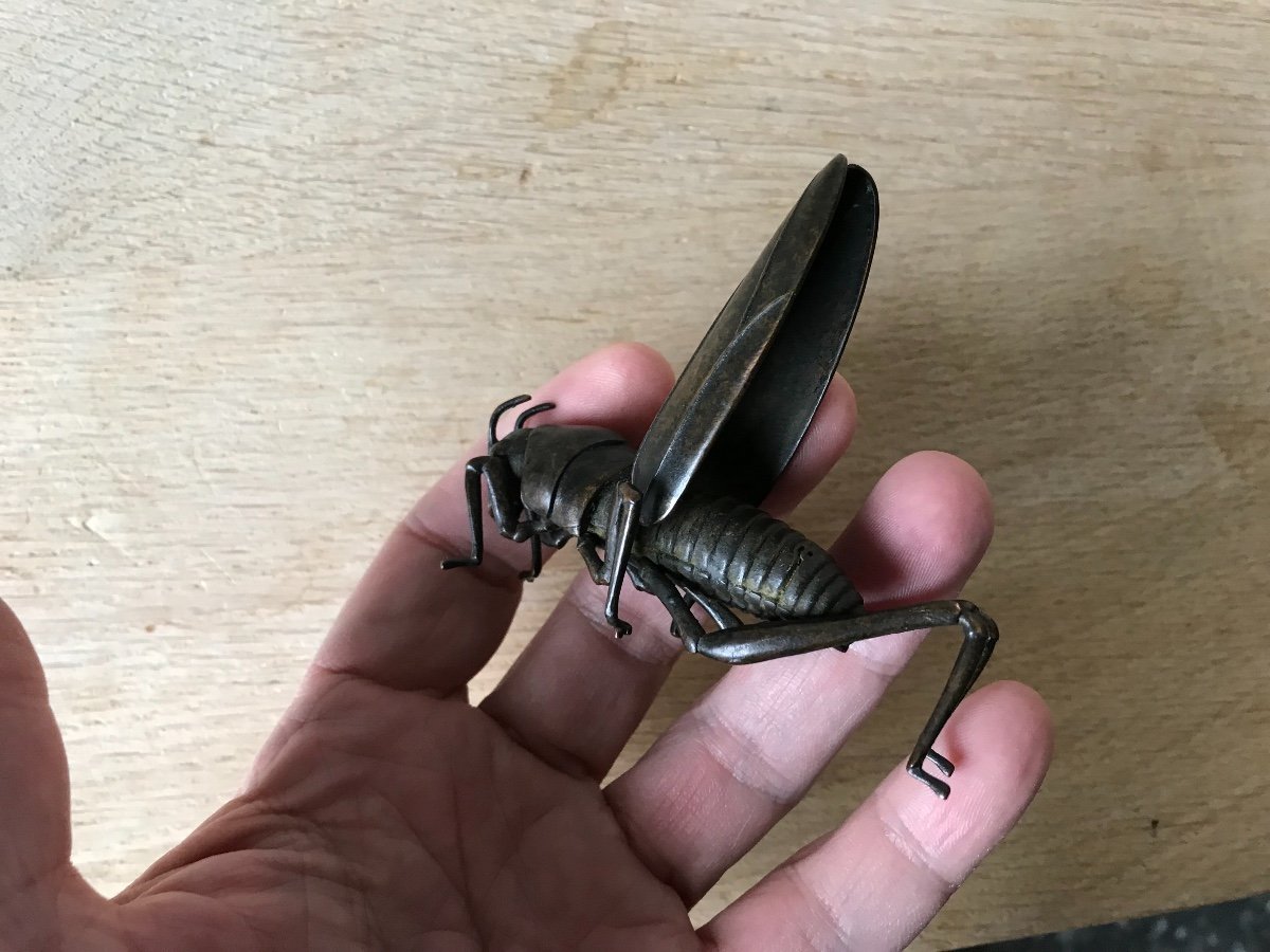 Jizai Okimono Articulated Grasshopper In Bronze-photo-4