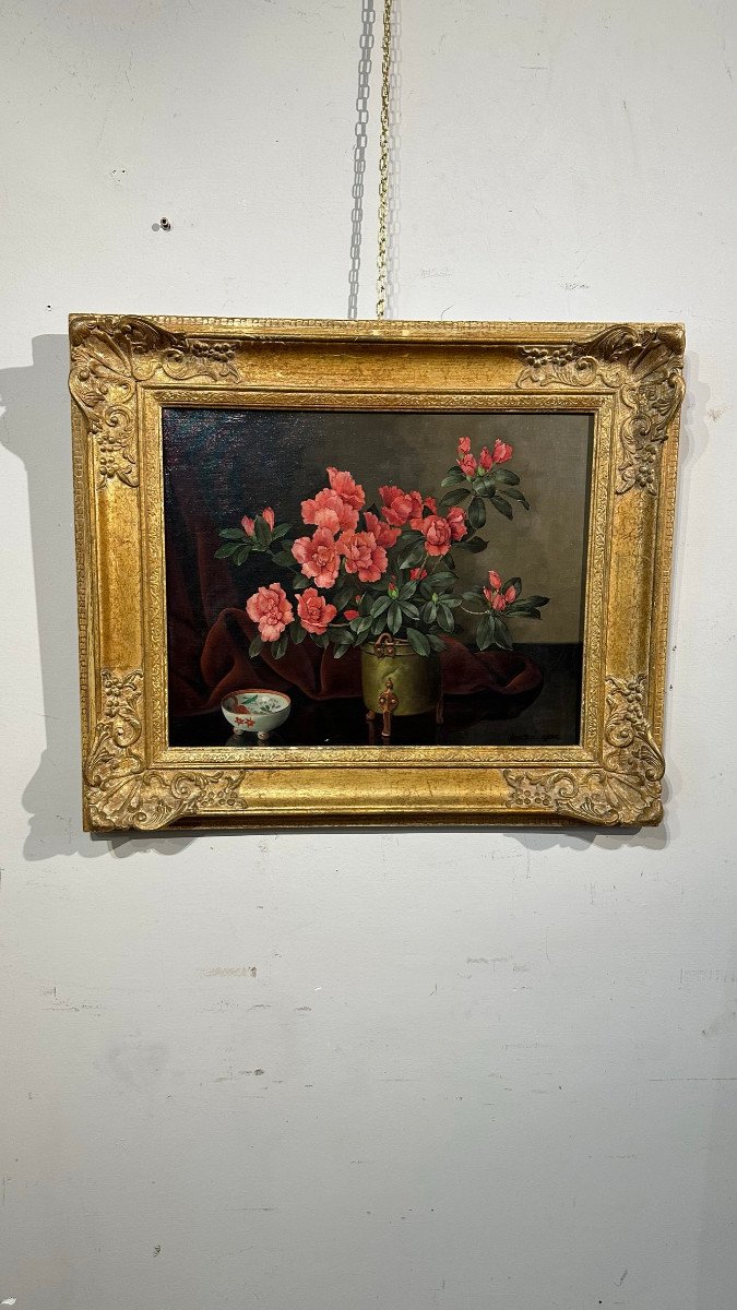 19th Century Oil Painting On Canvas With Flower Vase -photo-2