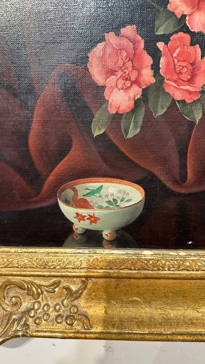 19th Century Oil Painting On Canvas With Flower Vase -photo-3