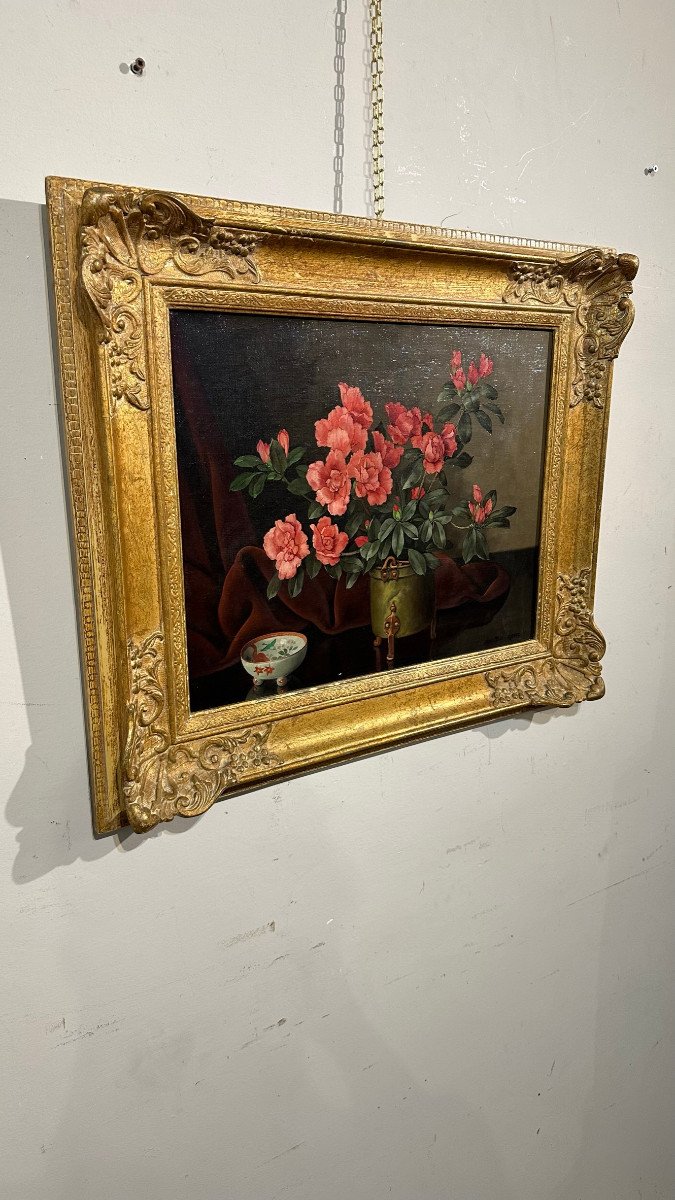 19th Century Oil Painting On Canvas With Flower Vase -photo-4