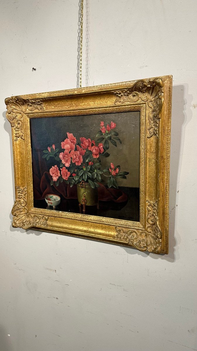 19th Century Oil Painting On Canvas With Flower Vase -photo-5