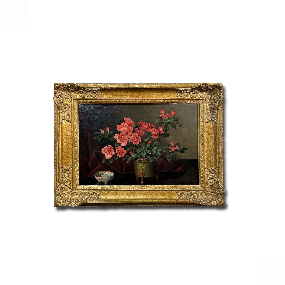 19th Century Oil Painting On Canvas With Flower Vase 