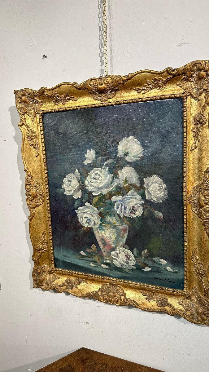 19th Century Vase Of Flowers Oil On Canvas -photo-3