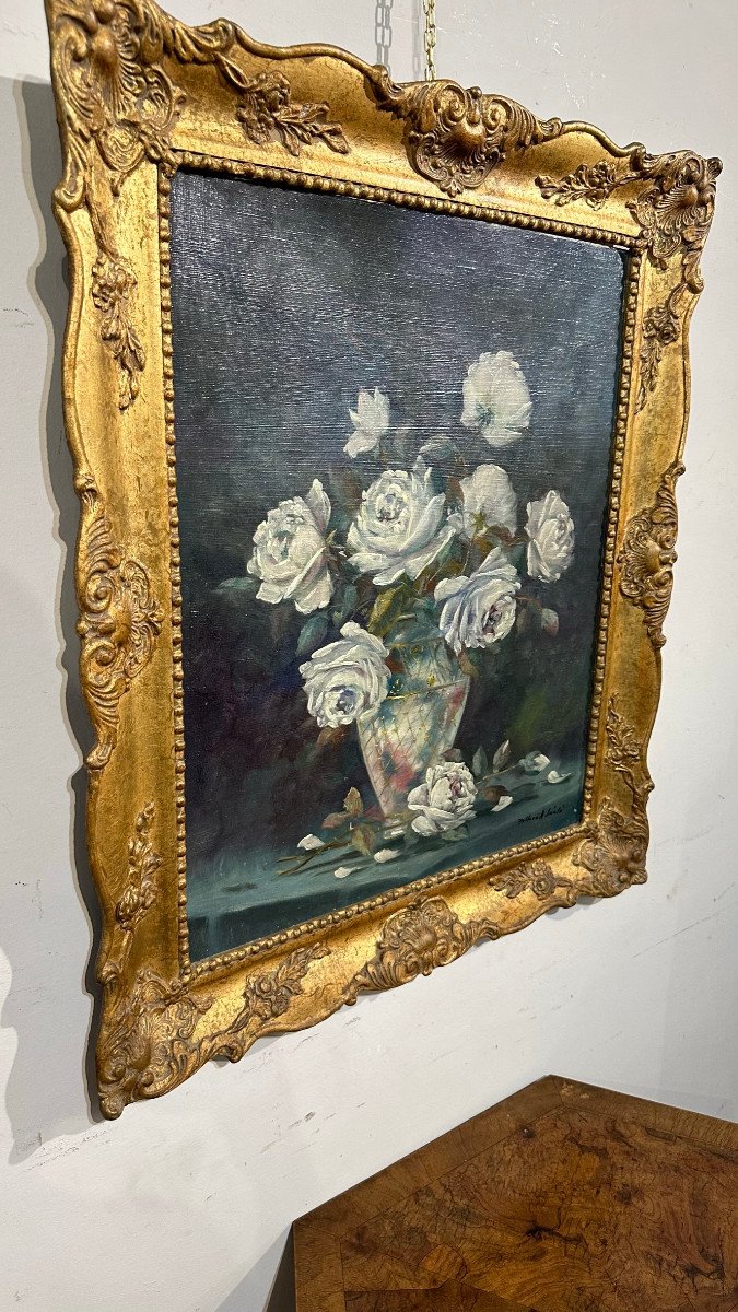 19th Century Vase Of Flowers Oil On Canvas -photo-4