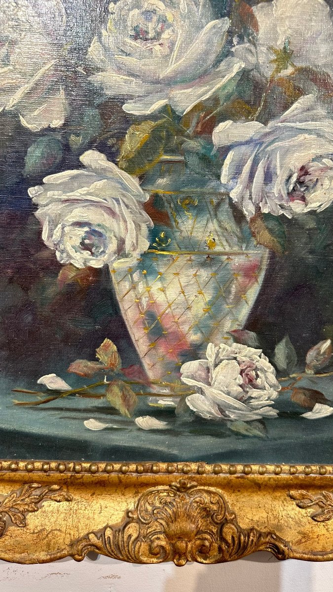 19th Century Vase Of Flowers Oil On Canvas -photo-1