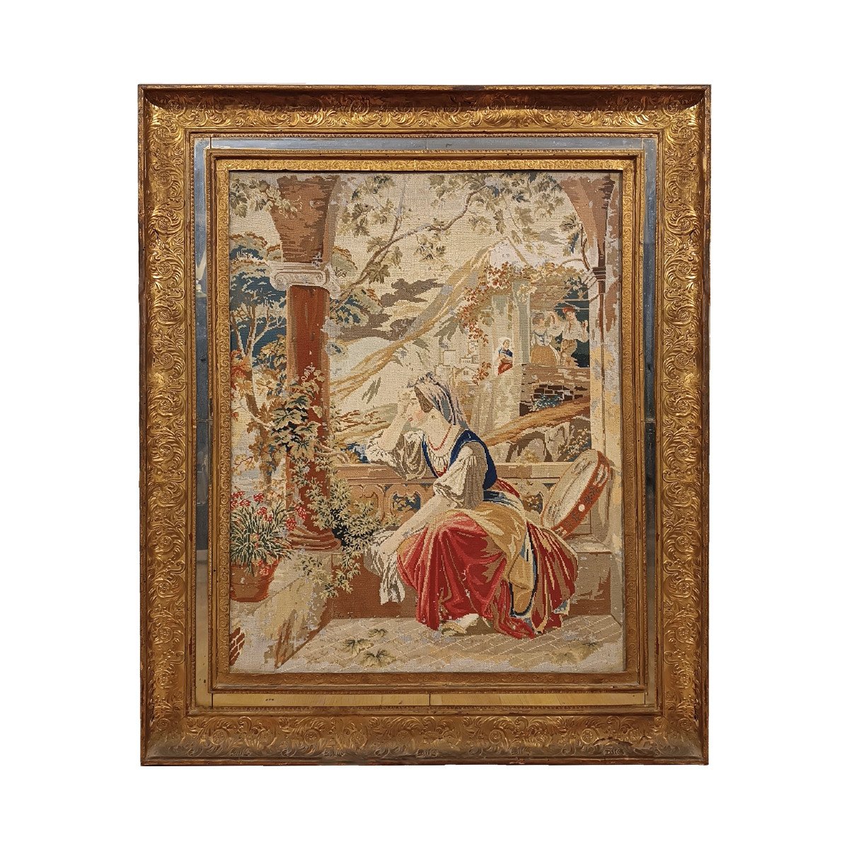 TABLEAU AVEC TISSU BRODÉ DÉBUT DU 19ème SIÈCLE