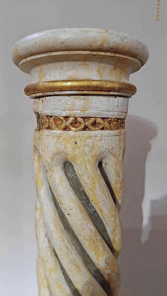 PAIRE DE COLONNES TORSIONS EN BOIS PEINT 18ème SIÈCLE-photo-4