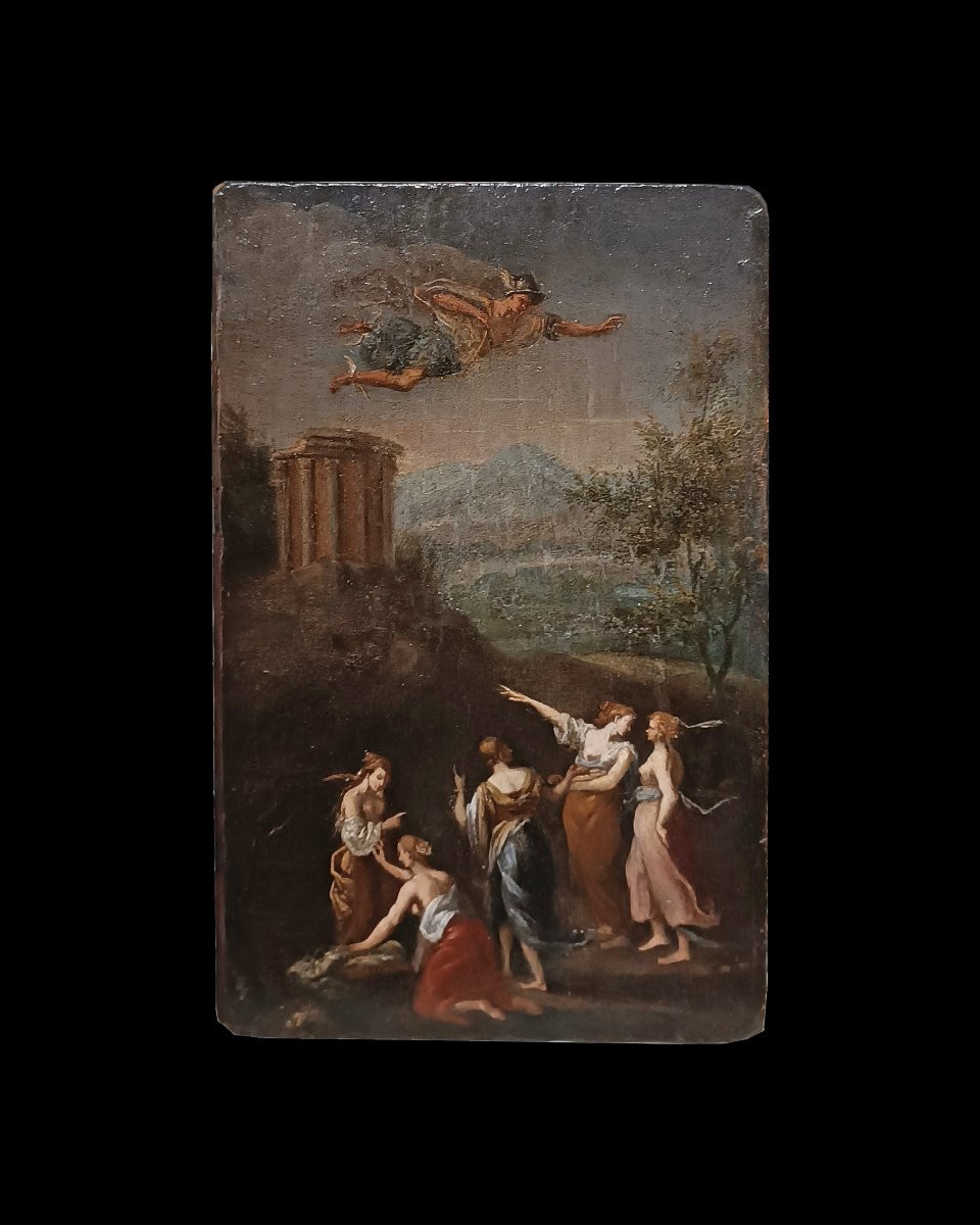 Late 18th Century Oil Painting On Wood Panel Mercury And Cecrops Daughters-photo-2