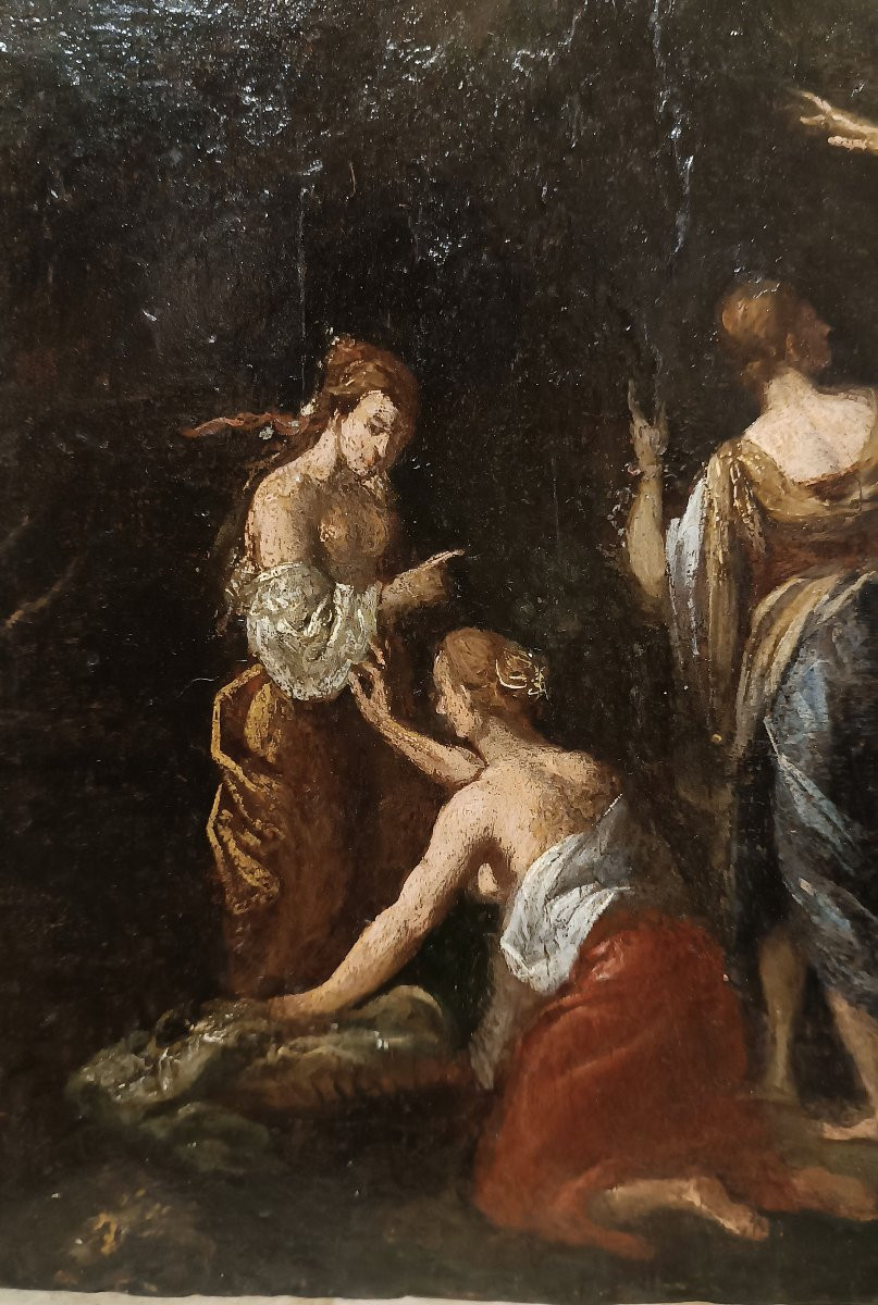 Late 18th Century Oil Painting On Wood Panel Mercury And Cecrops Daughters-photo-4