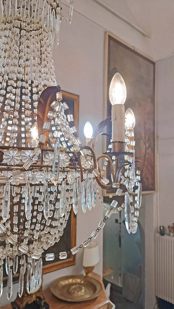 Early 19th Century Basket Chandelier In Crystals And Gilded Iron -photo-2