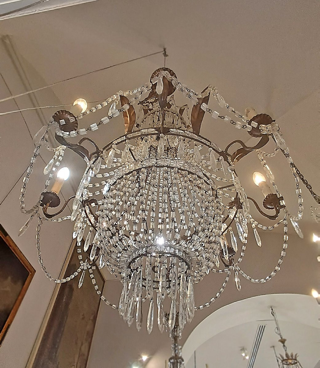 Early 19th Century Basket Chandelier In Crystals And Gilded Iron -photo-6
