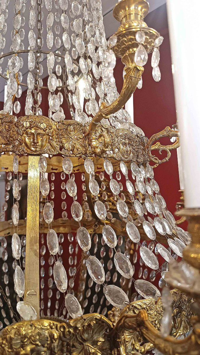 Large Mid-19th Century Gilt-bronze And Crystal Basket Chandelier-photo-4