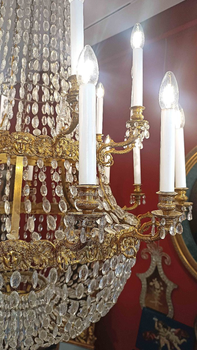 Large Mid-19th Century Gilt-bronze And Crystal Basket Chandelier-photo-1