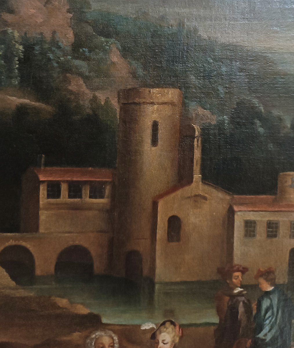 TABLEAU DE PAYSAGE AVEC PERSONNAGES FIN DU 18ème SIÈCLE-photo-1