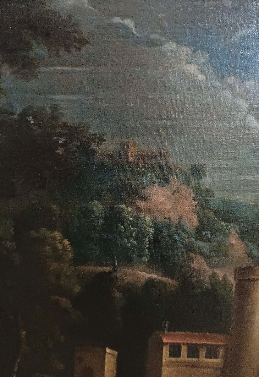 TABLEAU DE PAYSAGE AVEC PERSONNAGES FIN DU 18ème SIÈCLE-photo-2