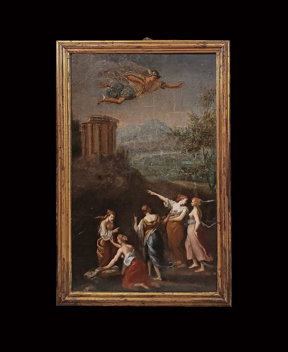 PEINTURE À L'HUILE SUR PANNEAU EN BOIS MERCURE ET LES FILLES DE CÉCROPS FIN DU 18ème SIÈCLE-photo-2
