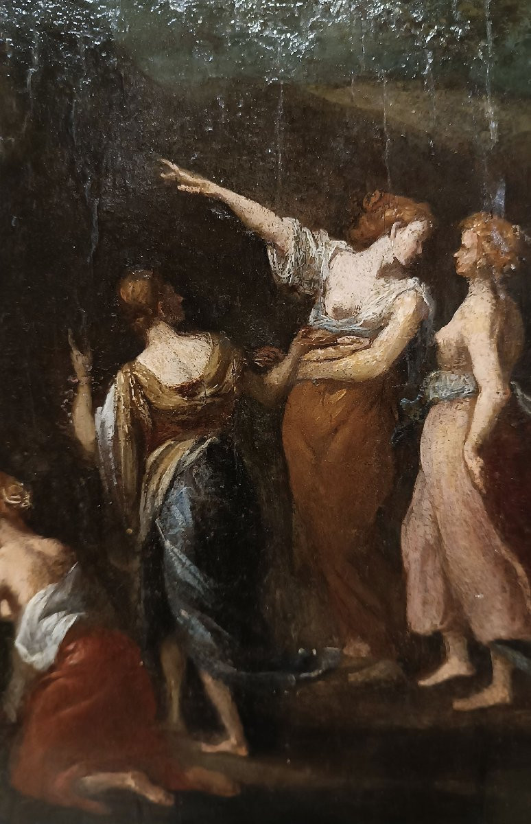PEINTURE À L'HUILE SUR PANNEAU EN BOIS MERCURE ET LES FILLES DE CÉCROPS FIN DU 18ème SIÈCLE-photo-1