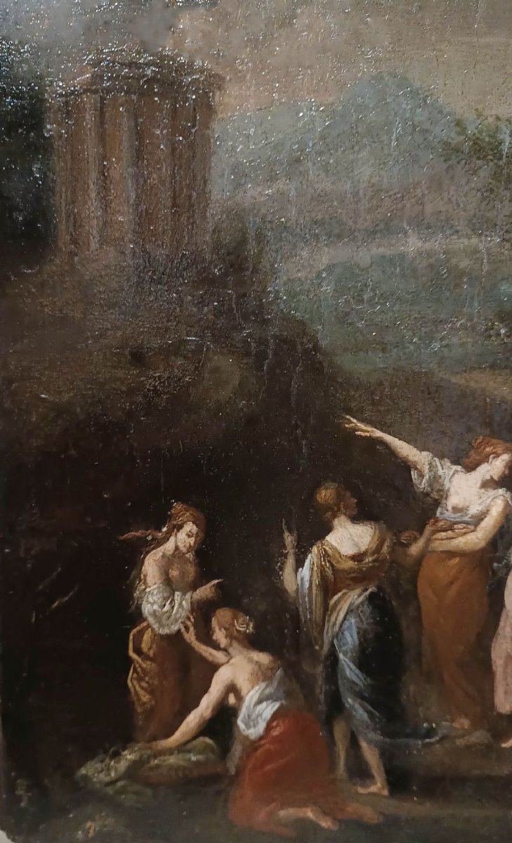 PEINTURE À L'HUILE SUR PANNEAU EN BOIS MERCURE ET LES FILLES DE CÉCROPS FIN DU 18ème SIÈCLE-photo-4