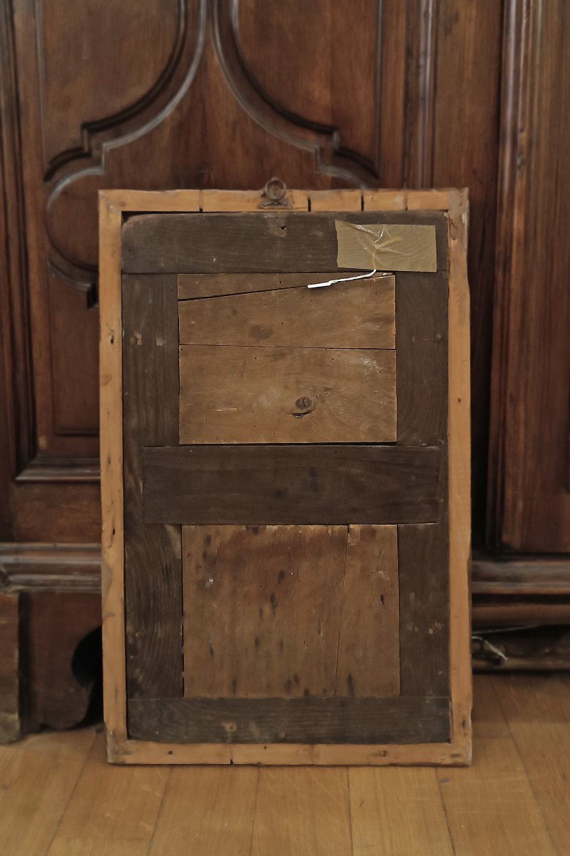 PEINTURE À L'HUILE SUR PANNEAU EN BOIS MERCURE ET LES FILLES DE CÉCROPS FIN DU 18ème SIÈCLE-photo-5