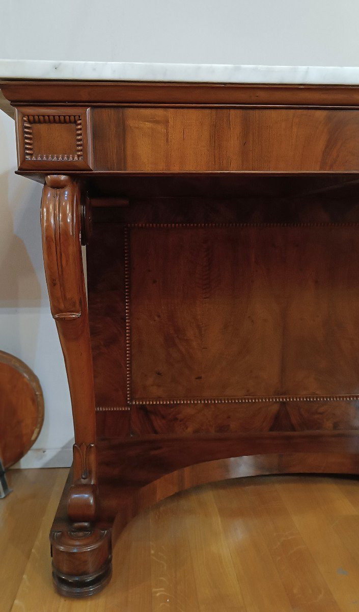 CONSOLLE CHARLES X EN NOYER ET MARBRE DE CARRARE DÉBUT DU 19ème SIÈCLE-photo-3