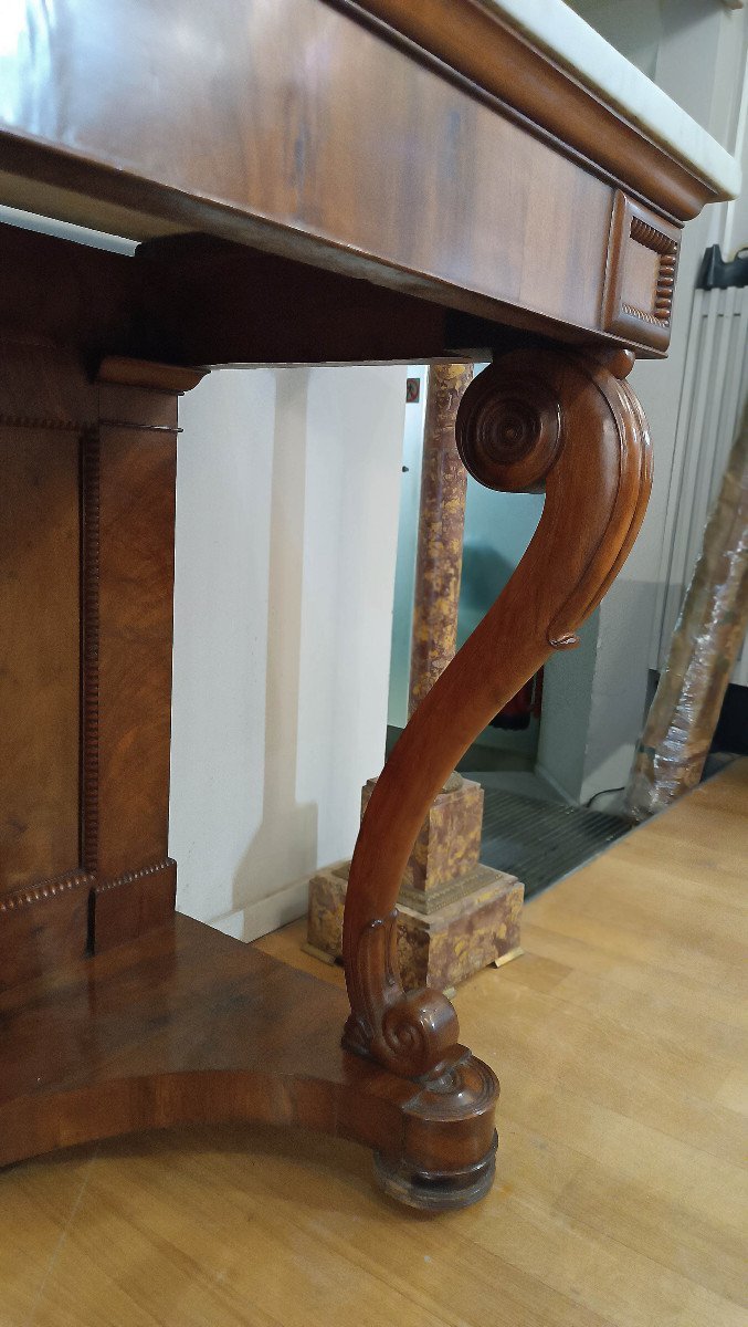 CONSOLLE CHARLES X EN NOYER ET MARBRE DE CARRARE DÉBUT DU 19ème SIÈCLE-photo-4