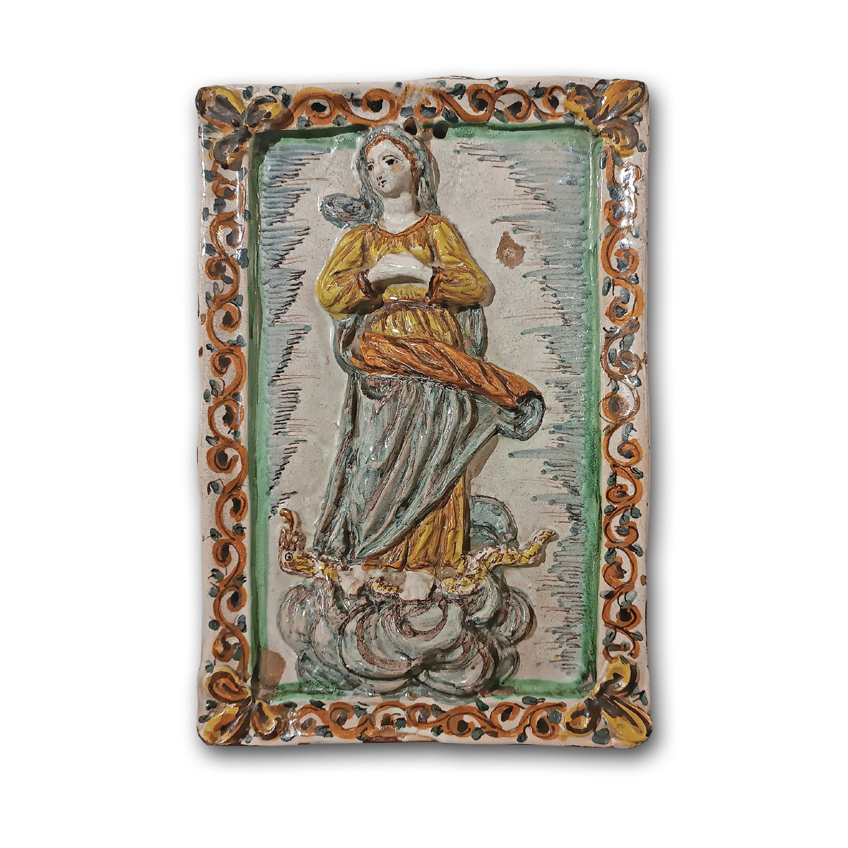 Late 17th Century Montelupo Majolica Plaque With Virgin 