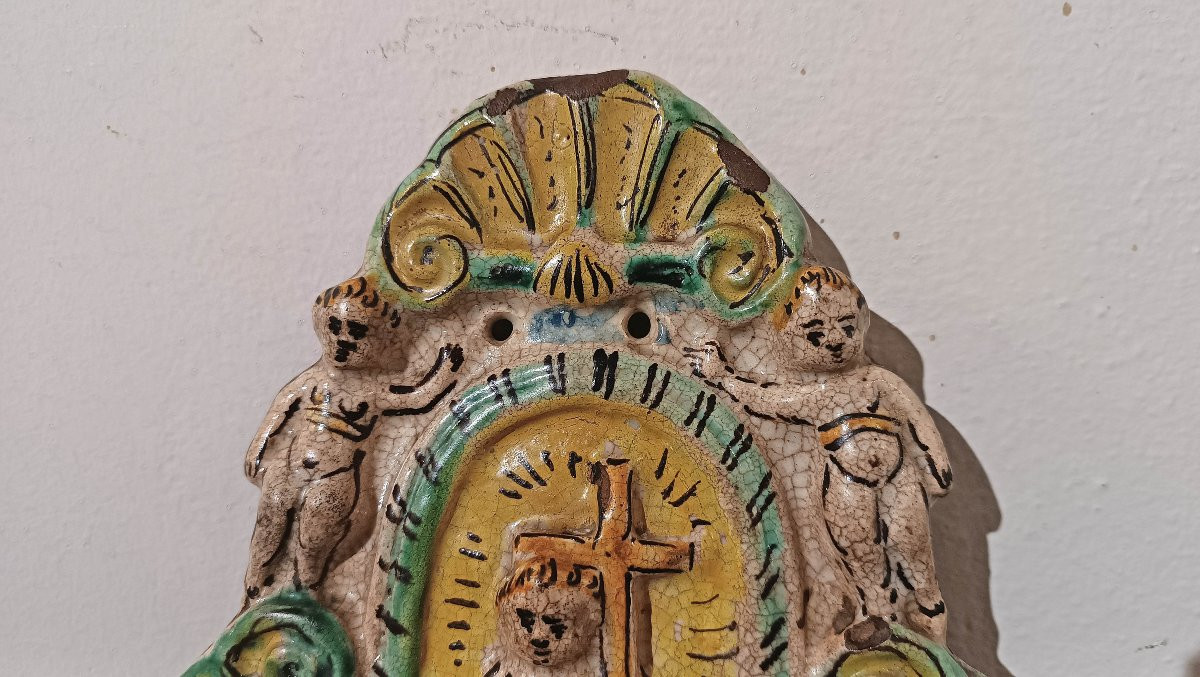 BÉNITIER EN MAJOLICA DE MONTELUPO FIN DU 17ème SIÈCLE-photo-3