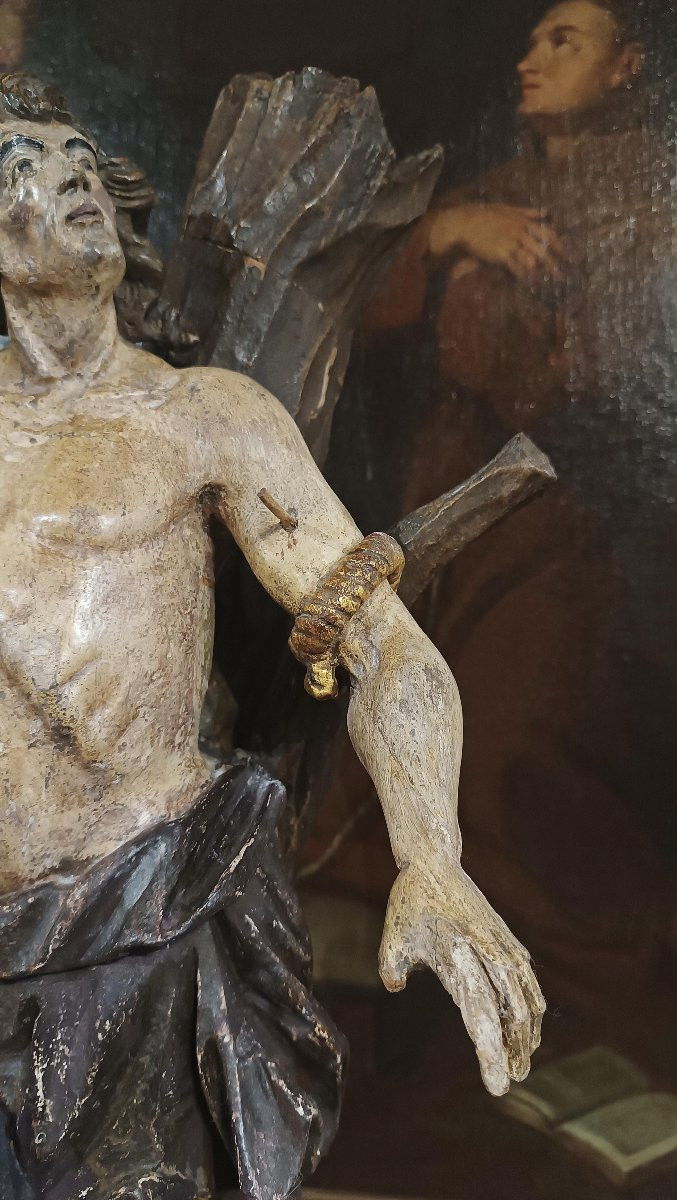 SCULPTURE EN BOIS PEINTE DE SAINT SÉBASTIEN MILIEU DU 18ème SIÈCLE-photo-2