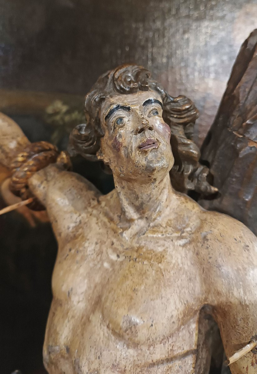 SCULPTURE EN BOIS PEINTE DE SAINT SÉBASTIEN MILIEU DU 18ème SIÈCLE-photo-4