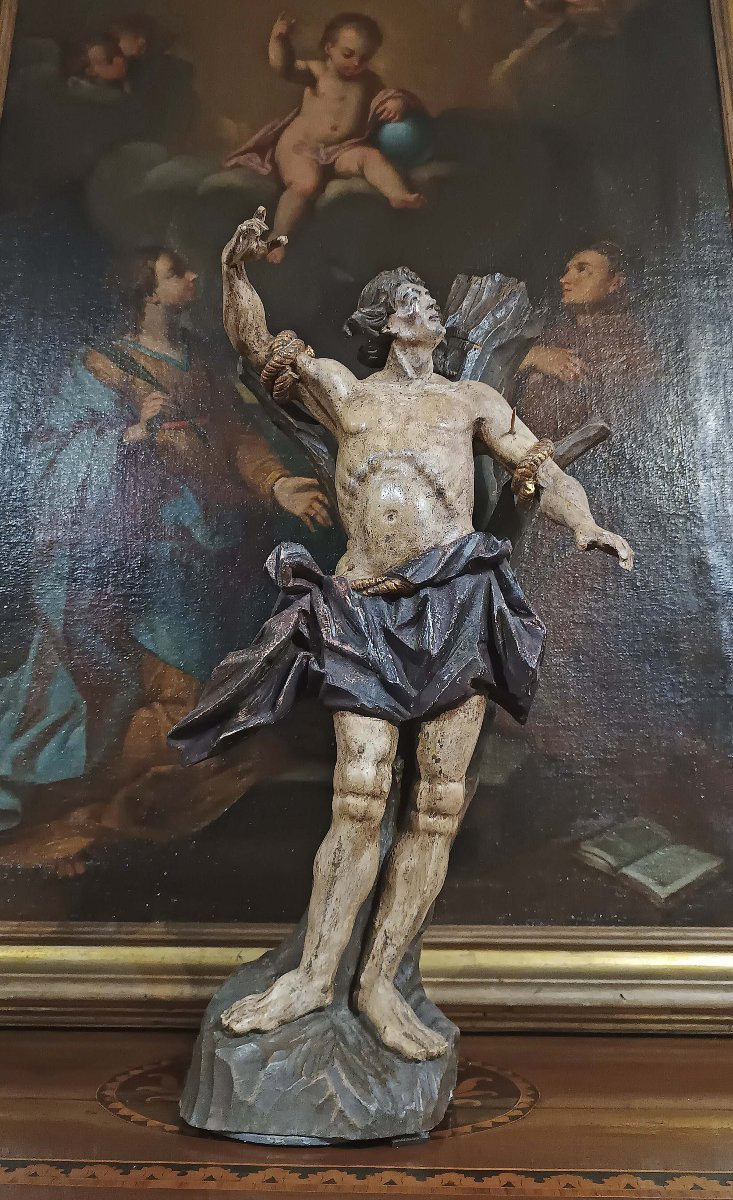 SCULPTURE EN BOIS PEINTE DE SAINT SÉBASTIEN MILIEU DU 18ème SIÈCLE-photo-7