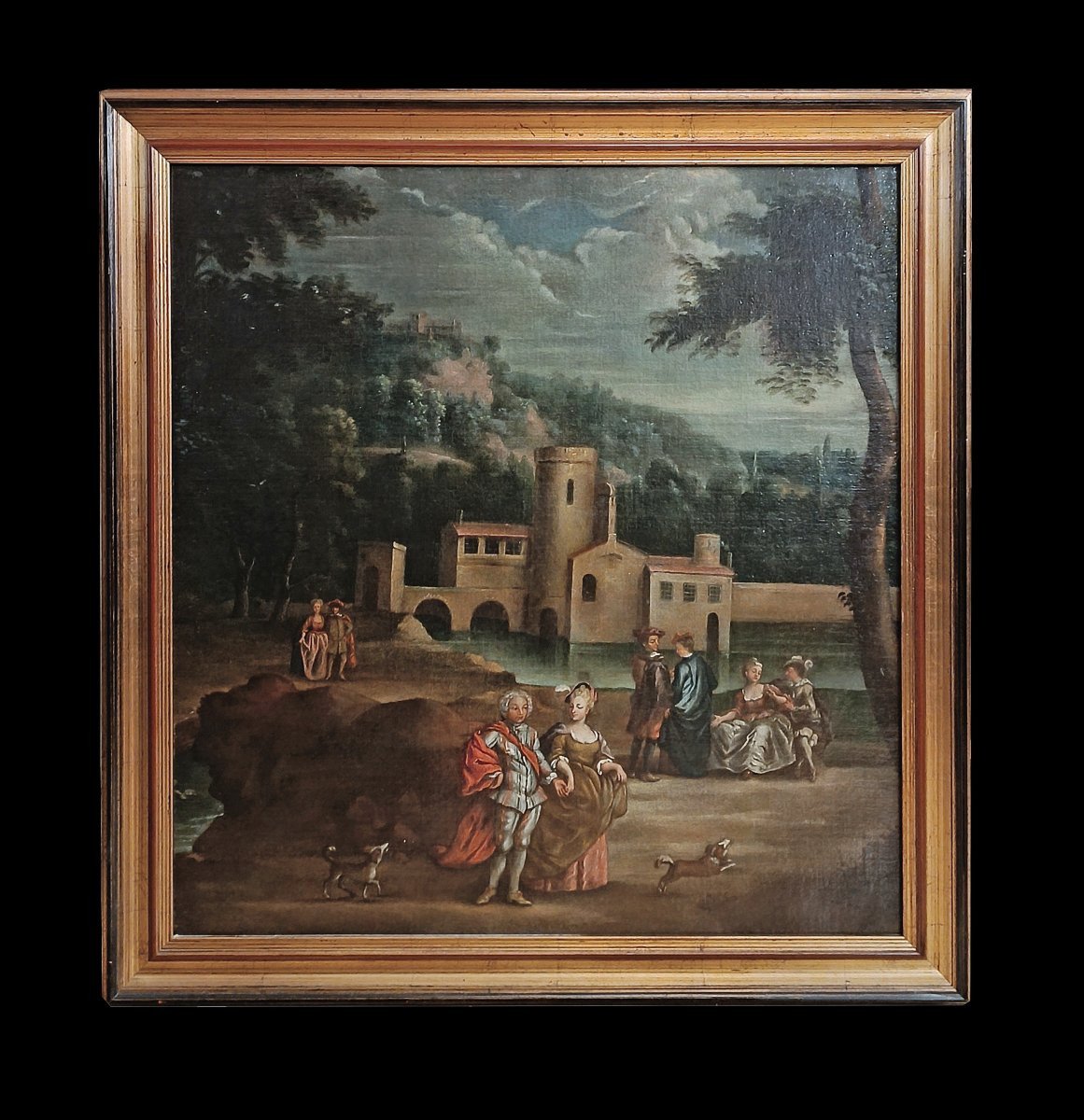 TABLEAU DE PAYSAGE AVEC PERSONNAGES FIN DU 18ème SIÈCLE-photo-2