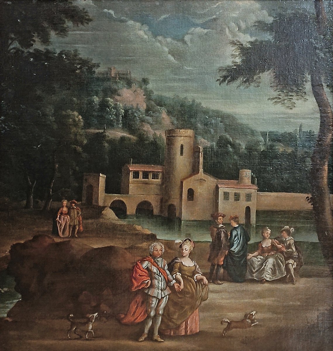 TABLEAU DE PAYSAGE AVEC PERSONNAGES FIN DU 18ème SIÈCLE-photo-3