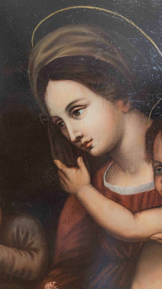PEINTURE À L'HUILE SUR TABLE MADONE AVEC JÉSUS ET JEAN FIN 16ème SIÈCLE-photo-4