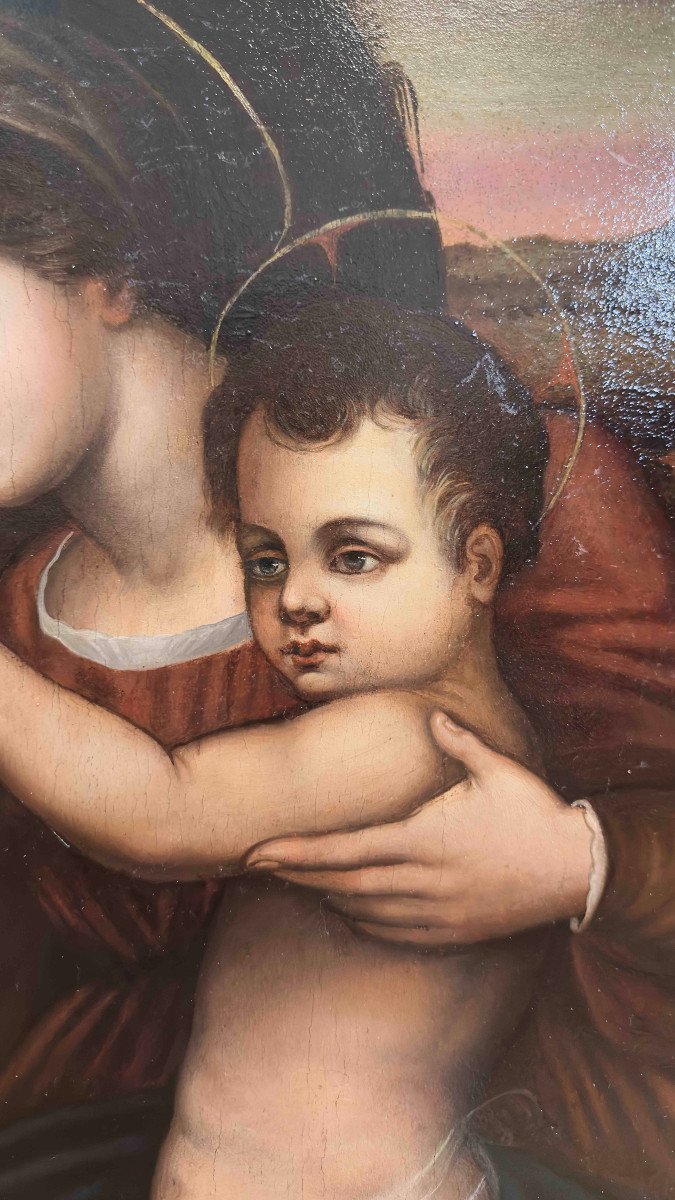 PEINTURE À L'HUILE SUR TABLE MADONE AVEC JÉSUS ET JEAN FIN 16ème SIÈCLE-photo-2