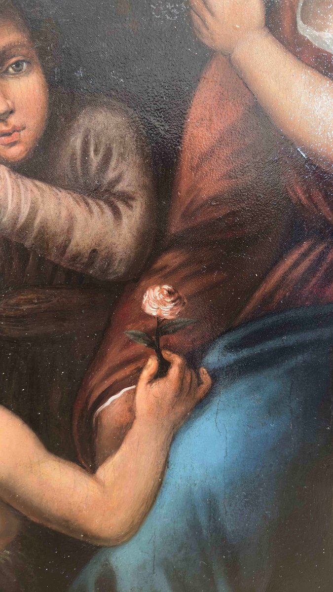 PEINTURE À L'HUILE SUR TABLE MADONE AVEC JÉSUS ET JEAN FIN 16ème SIÈCLE-photo-3