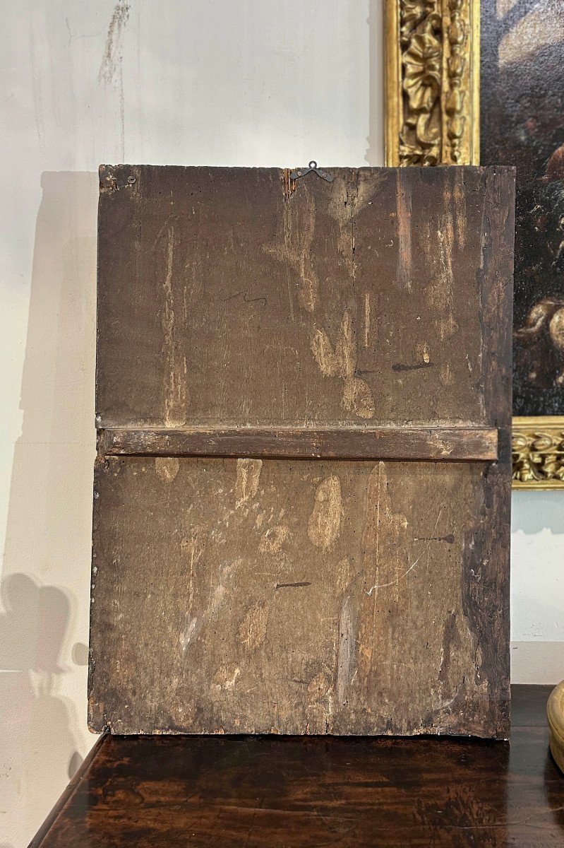 PEINTURE À L'HUILE SUR TABLE MADONE AVEC JÉSUS ET JEAN FIN 16ème SIÈCLE-photo-5