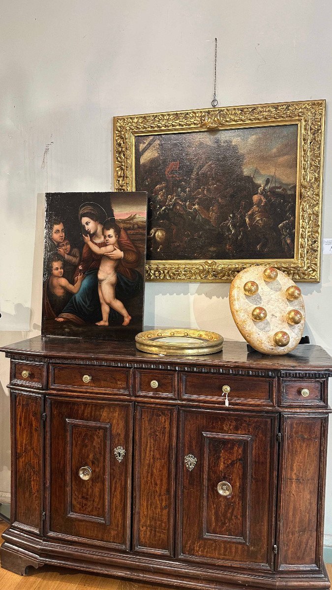 PEINTURE À L'HUILE SUR TABLE MADONE AVEC JÉSUS ET JEAN FIN 16ème SIÈCLE-photo-6