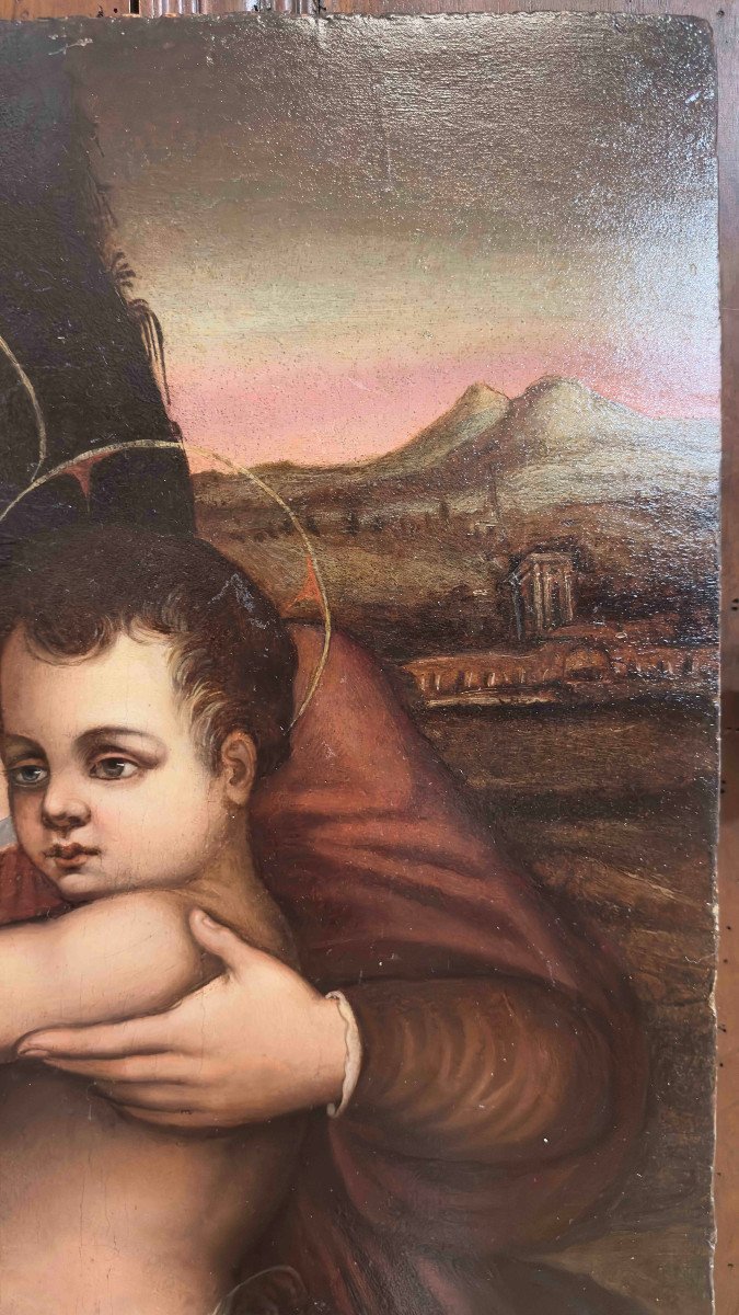 PEINTURE À L'HUILE SUR TABLE MADONE AVEC JÉSUS ET JEAN FIN 16ème SIÈCLE-photo-8