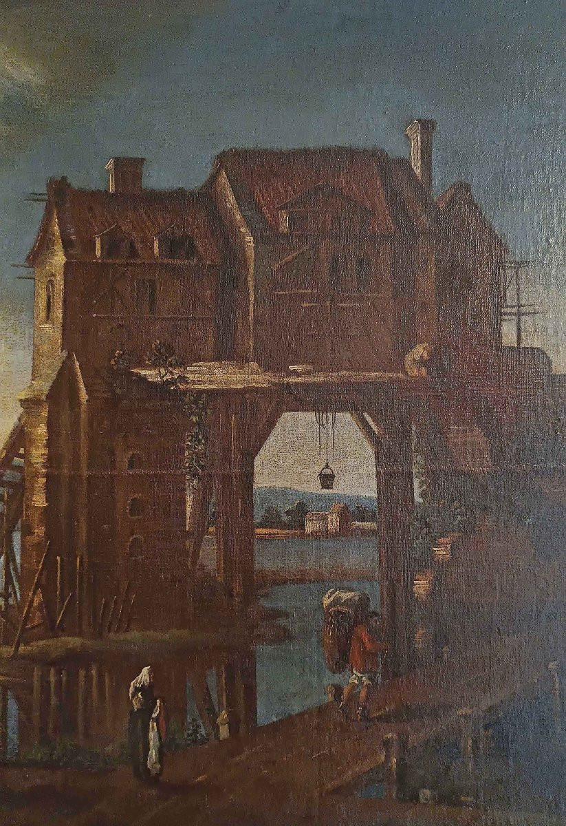 GRAND TABLEAU AVEC PAYSAGE ET PERSONNAGES FIN DU 17ème SIÈCLE-photo-3