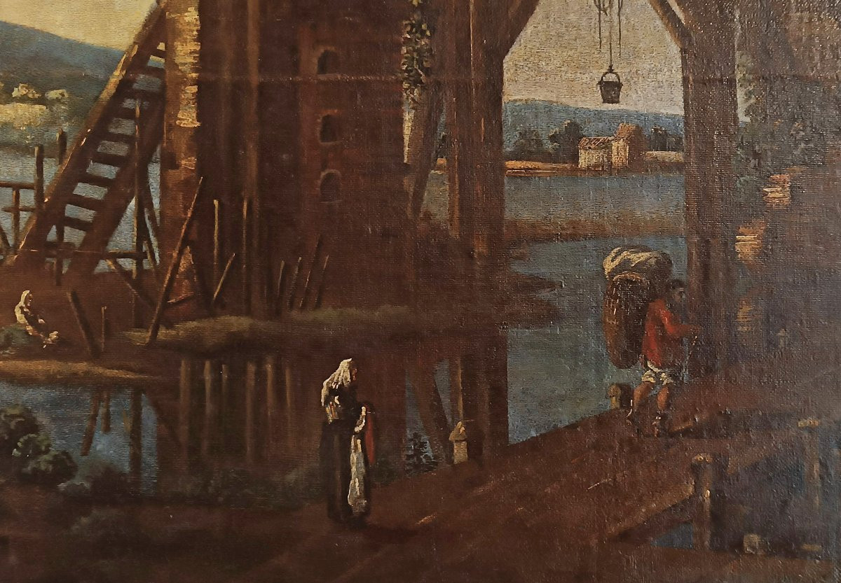 GRAND TABLEAU AVEC PAYSAGE ET PERSONNAGES FIN DU 17ème SIÈCLE-photo-4