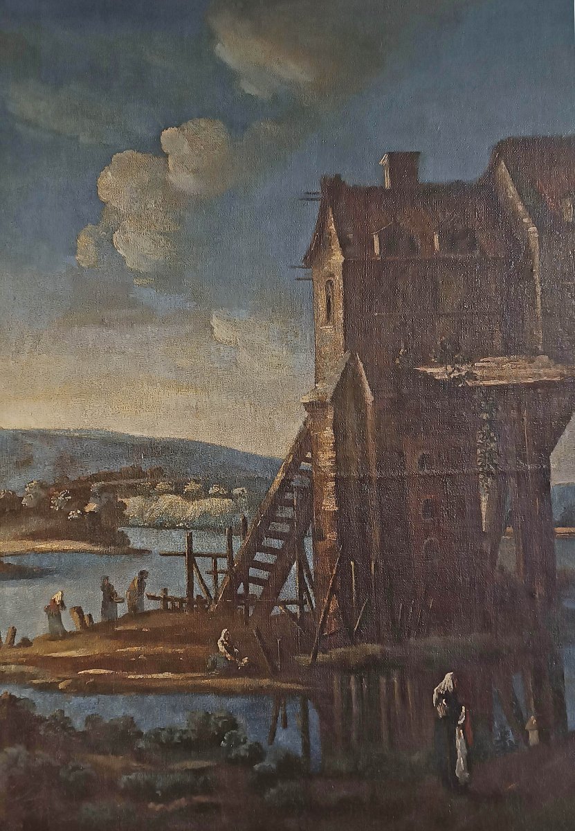 GRAND TABLEAU AVEC PAYSAGE ET PERSONNAGES FIN DU 17ème SIÈCLE-photo-1