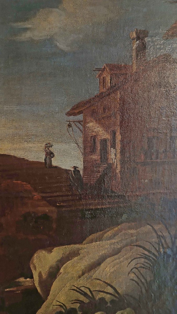 GRAND TABLEAU AVEC PAYSAGE ET PERSONNAGES FIN DU 17ème SIÈCLE-photo-4