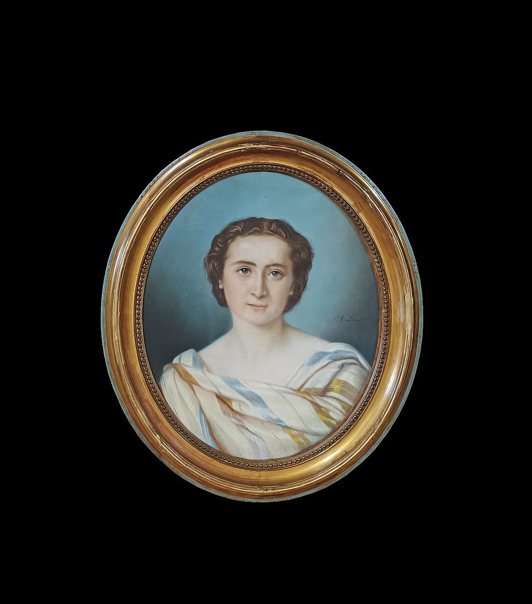 Mid-19th Century Oval Pastel Painting With Young Woman -photo-2