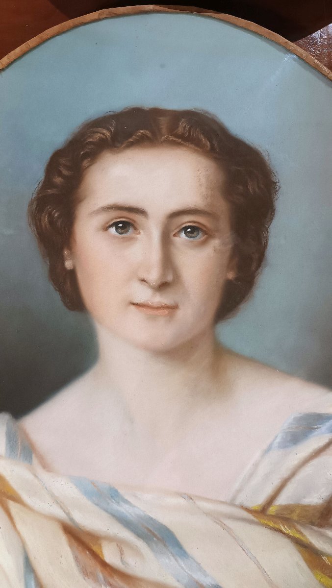 Mid-19th Century Oval Pastel Painting With Young Woman -photo-4