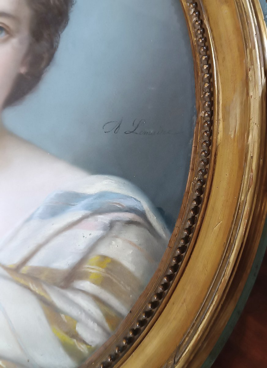 Mid-19th Century Oval Pastel Painting With Young Woman -photo-3