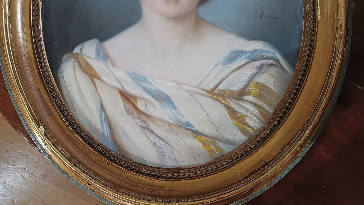 Mid-19th Century Oval Pastel Painting With Young Woman -photo-4