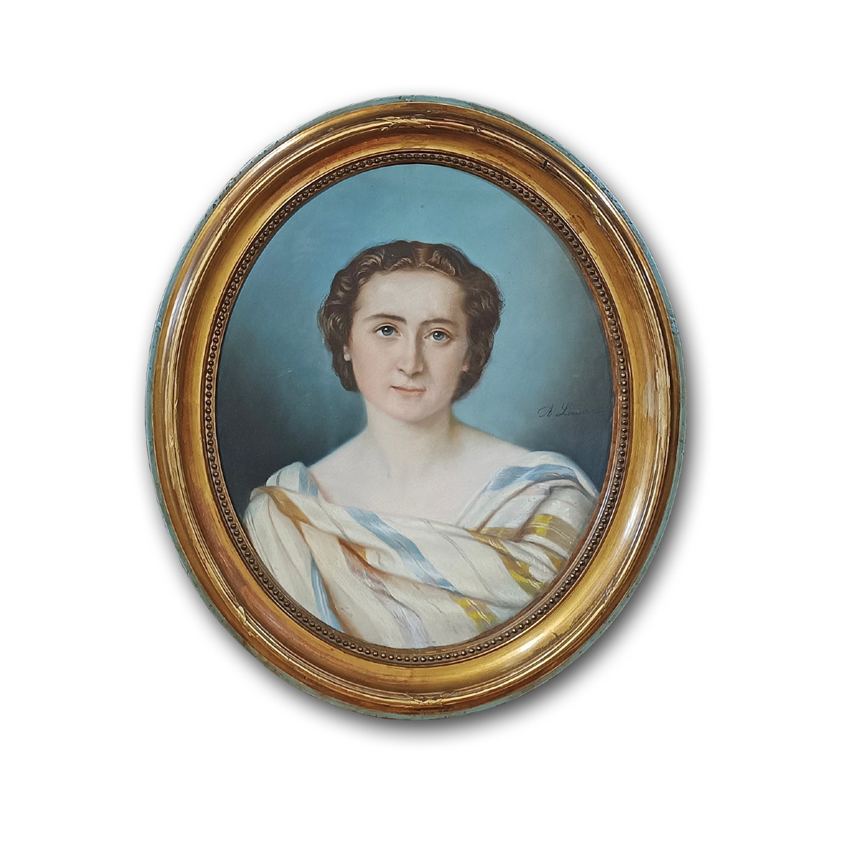 Mid-19th Century Oval Pastel Painting With Young Woman 