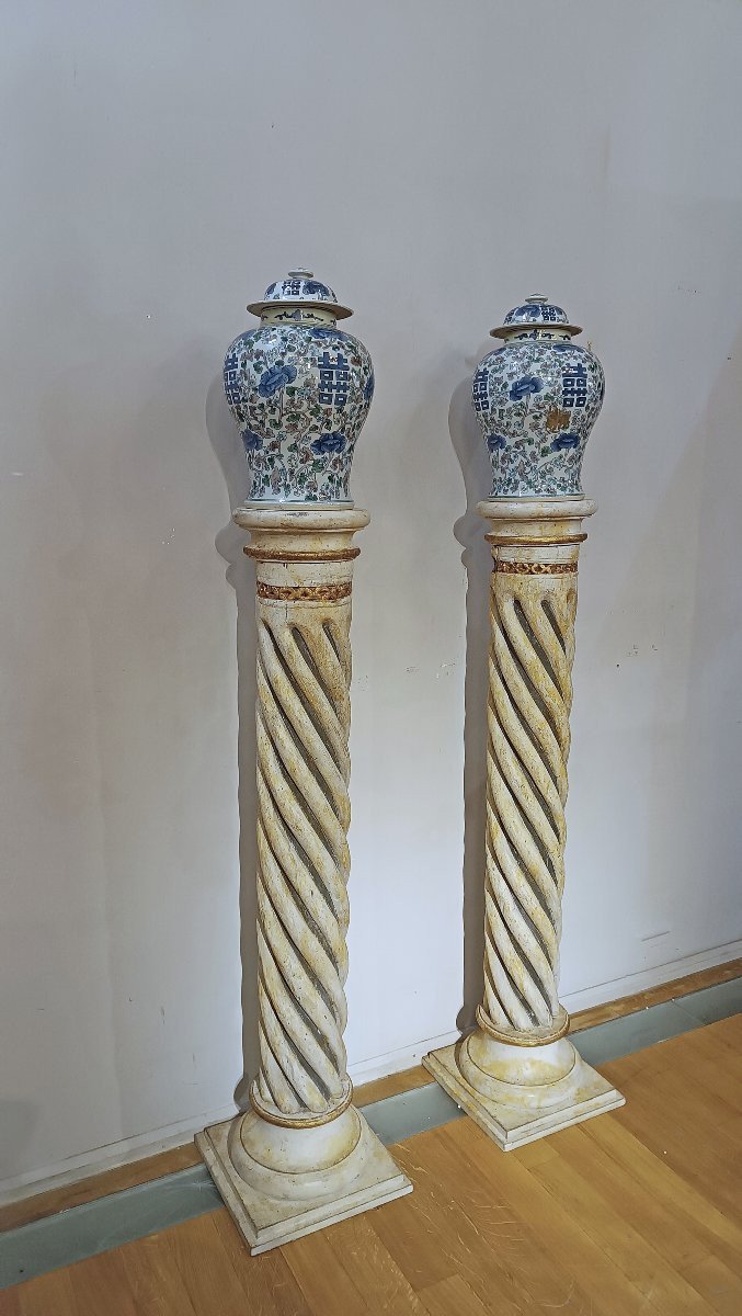 18th Century Pair Of Painted Wood Twisted Columns-photo-7