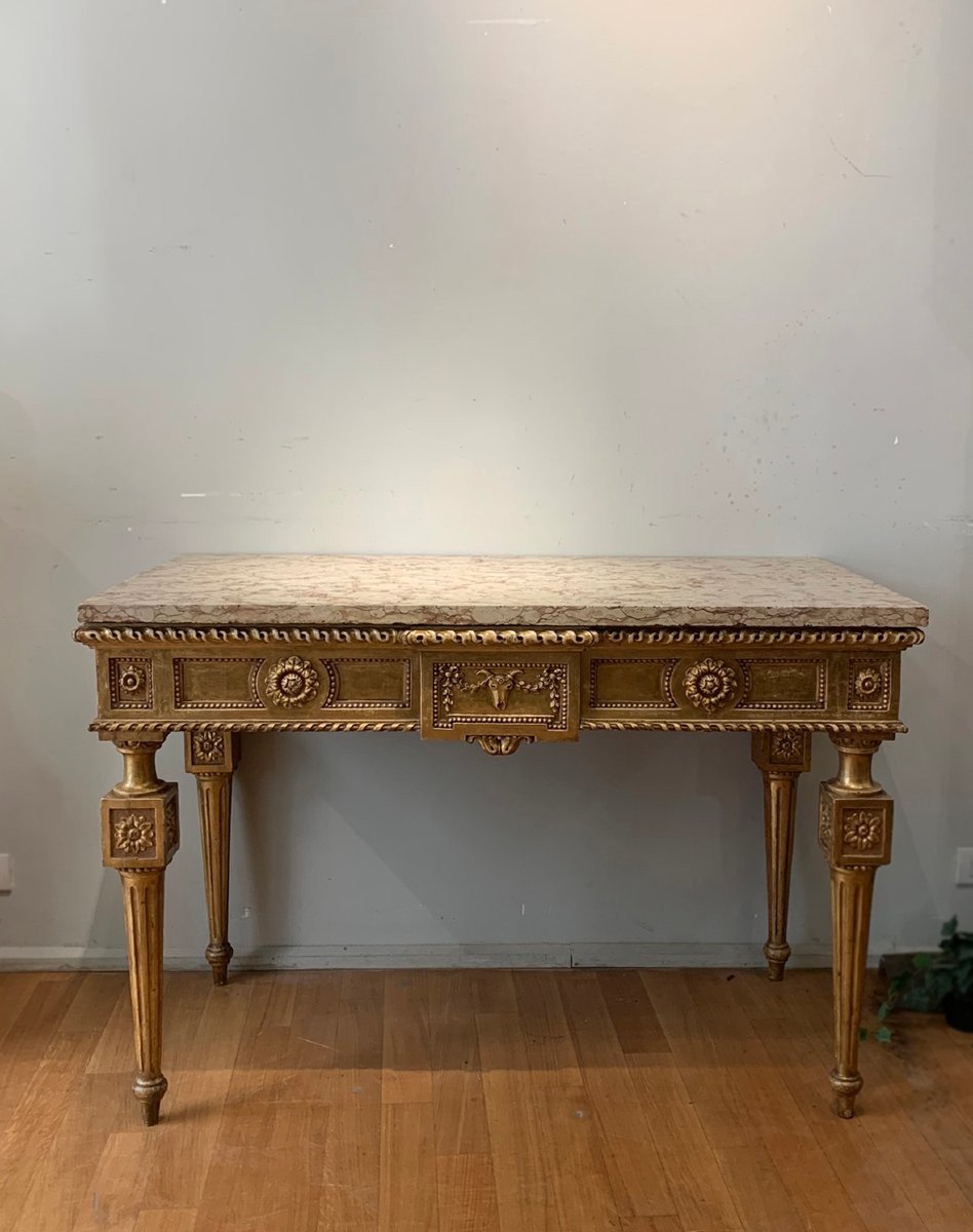 End Of The 18th Century Golden Consolle With Marble-photo-2