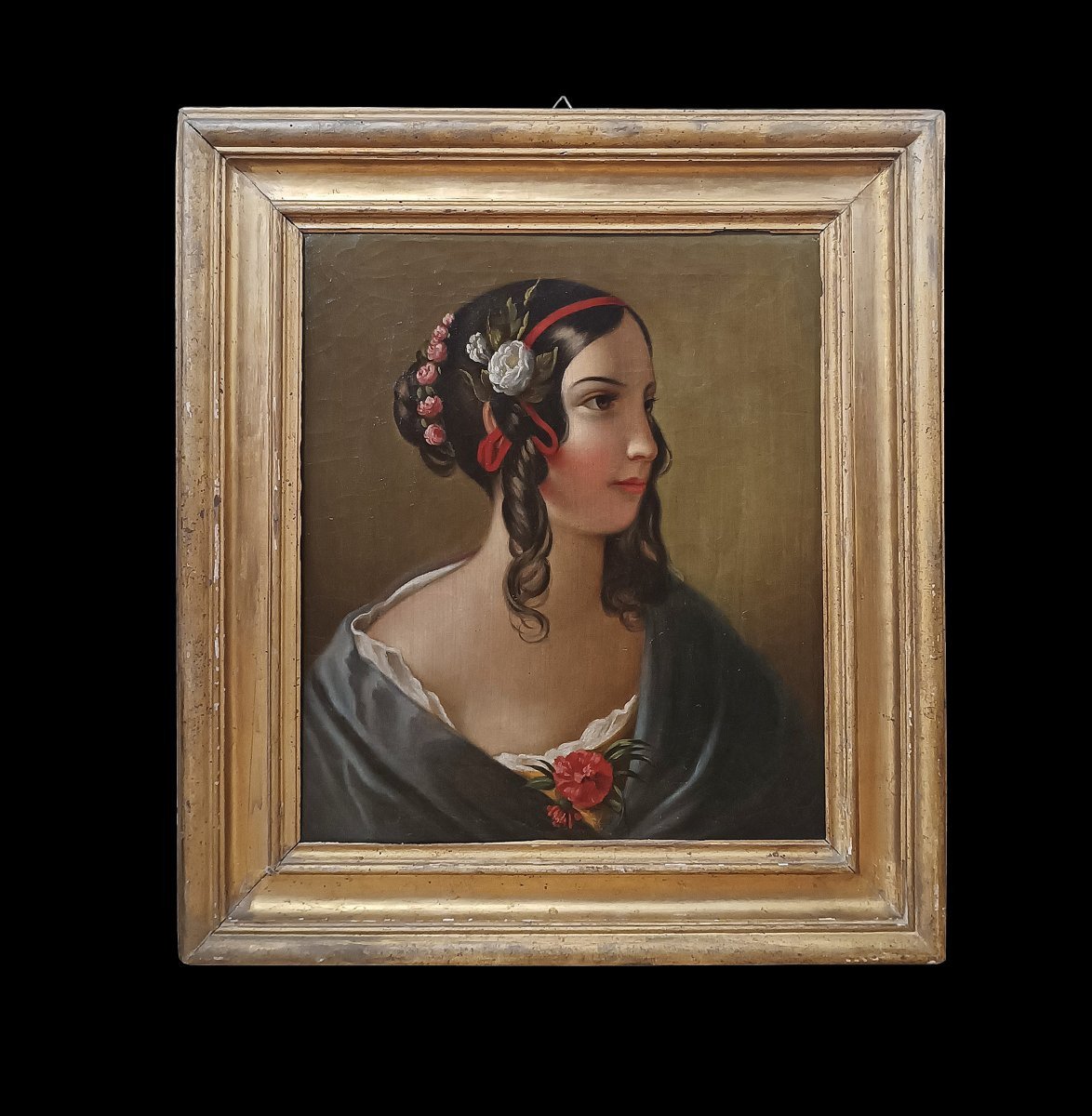 PORTRAIT D'UNE JEUNE FILLE HUILE SUR TOILE MILIEU DU 19ème SIÈCLE-photo-2